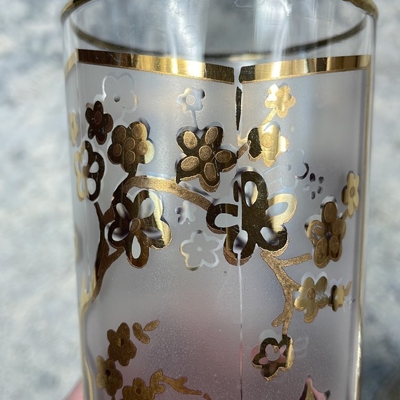 Asian Gold Leaf Frosted High Ball Glasses Pagoda Lotus Tree Cocktail Set of 2 - Picture 7 of 9